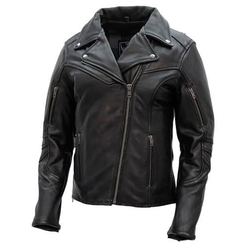 Hot Leathers Women’s Black Leather Motorcycle Jacket with Plaid Flannel Lining