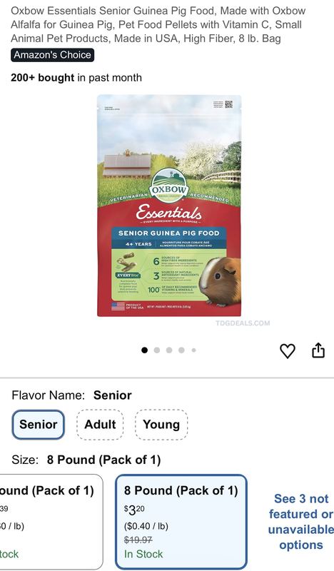 Oxbow Essentials Senior Guinea Pig Food (8 lb) is down to just $3.20 (reg. $19.97) — about 84% off.