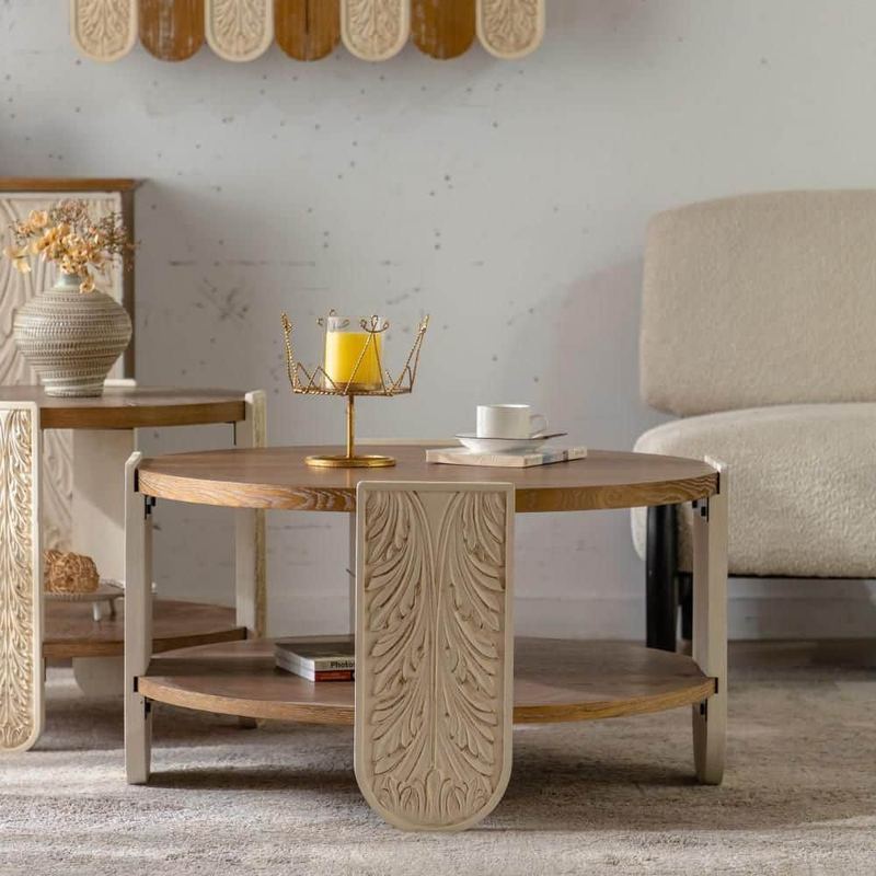 Clihome - 31.50 in. Carved Natural Round Solid Wood Coffee Table with Double-Layer Storage, Retro Palace Style Side Table