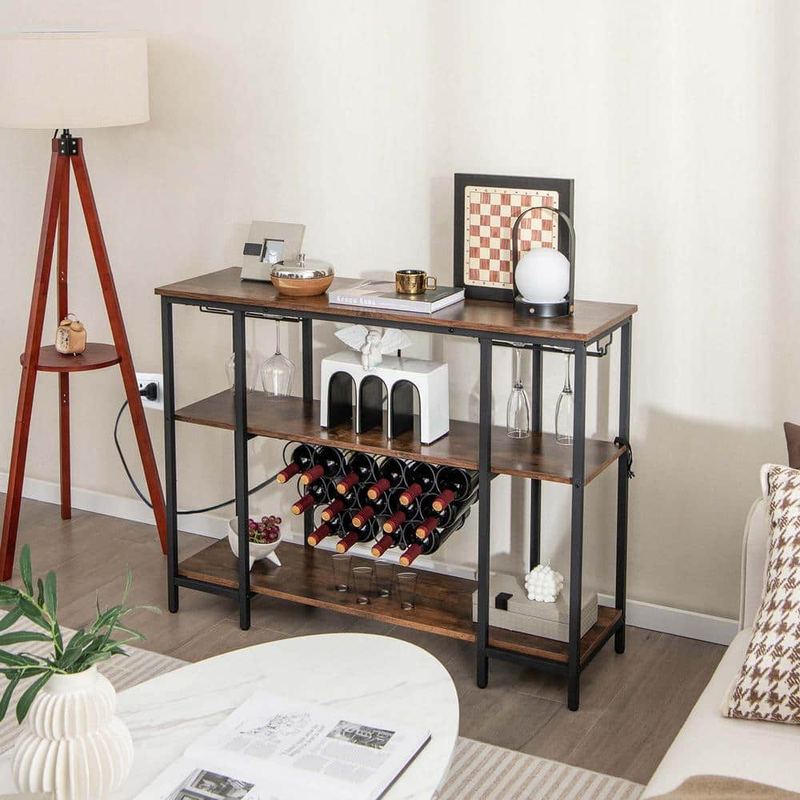 Costway - Brown Cabinet Bar Table Rack Table for Drinks Glasses with Power Outlets