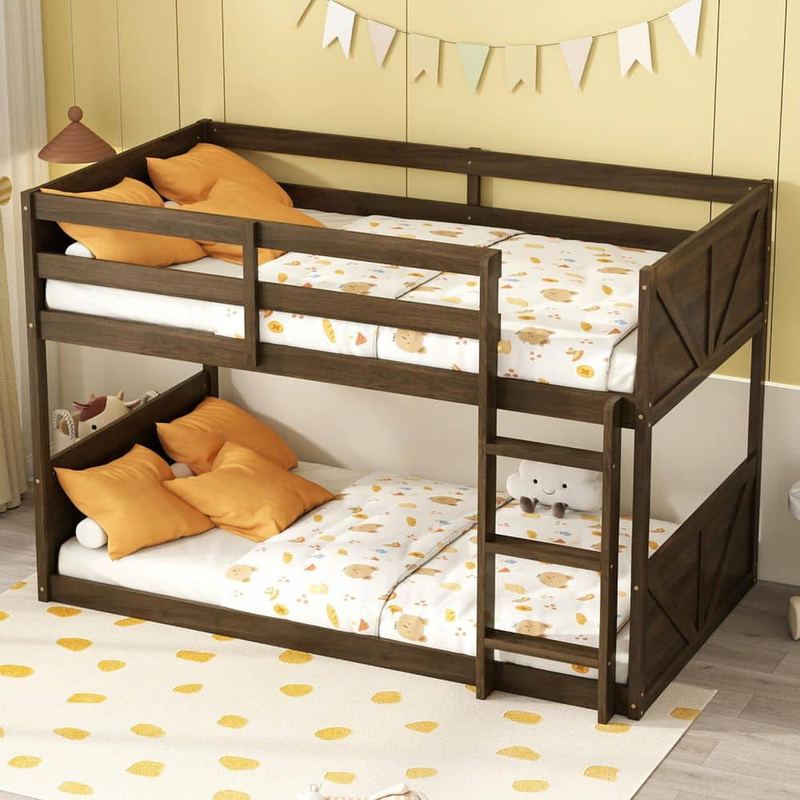 Polibi - Antique Dark Oak Rubber Wood Twin Over Twin Bunk Bed with Panelled Headboard and Footboard, Safety Guardrails