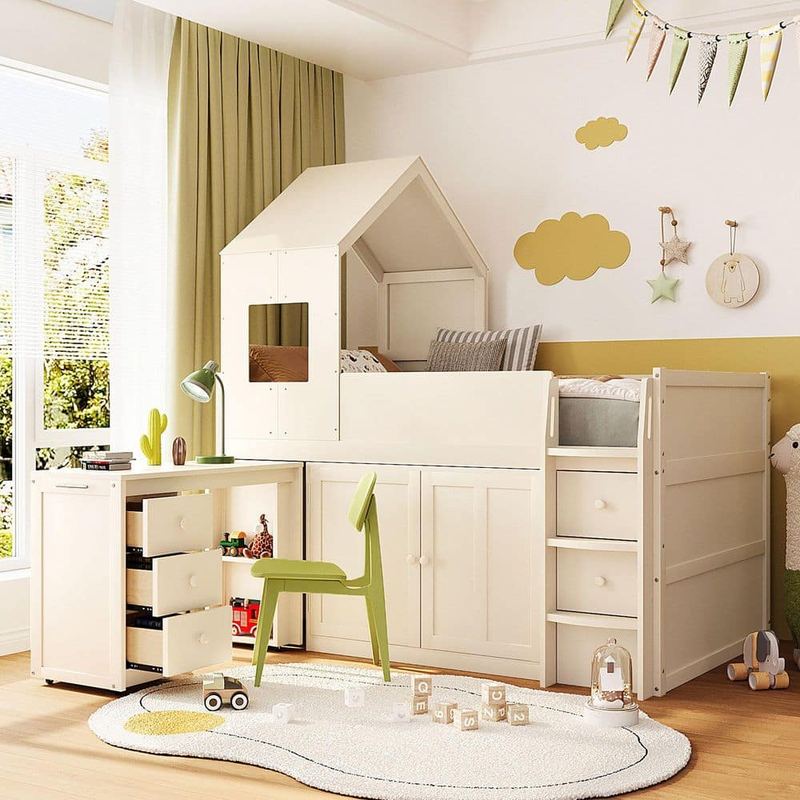 Harper & Bright Designs - Beige Twin Size Wood House Shaped Loft Bed with Ladder, 5 Drawers, Pull-out Desk and Cabinet
