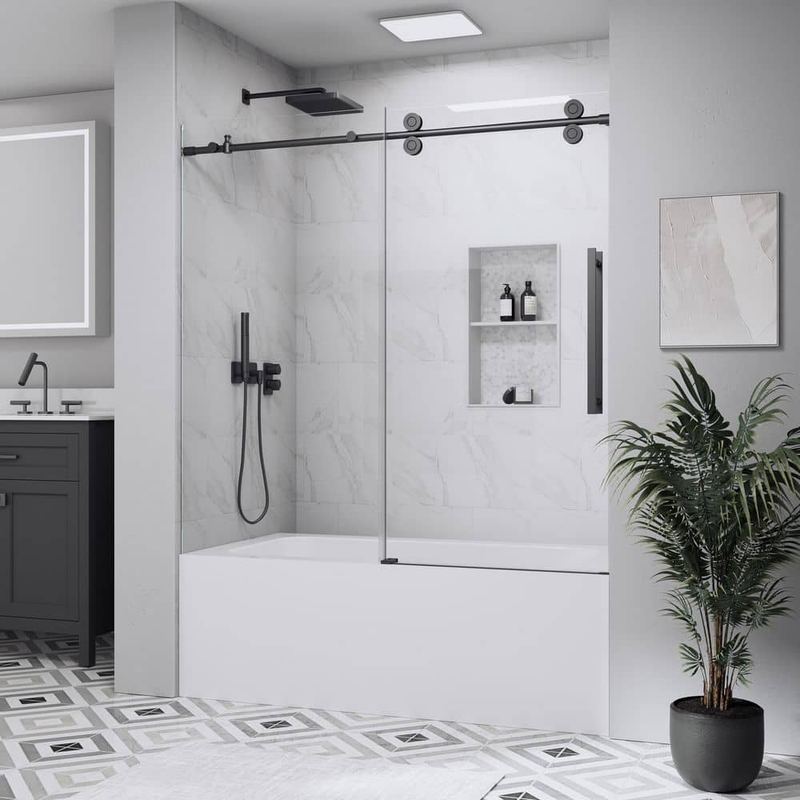 Yuaris - 56 in. - 60 in. W x 58 in. H Sliding Frameless Tub Door in Matte Black with 1/4 in. Clear Tempered Glass