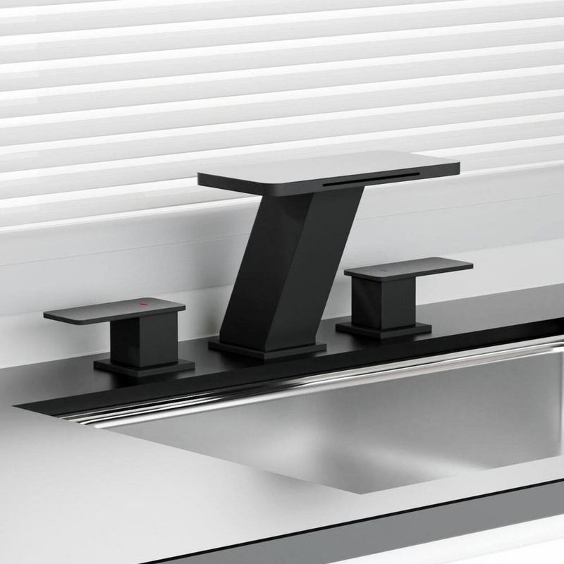INSTER - Elite Waterfall 8 in. Widespread Double-Handle Bathroom Faucet 3-Hole Bath Sink Faucet with Pop-Up Drain in Matte Black