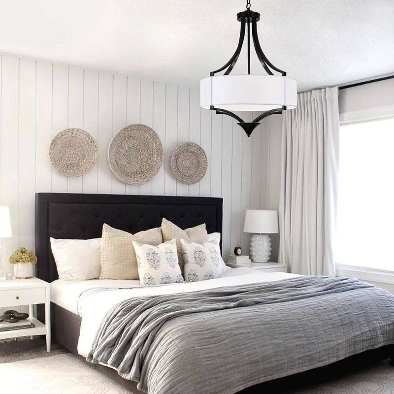 LWYTJO - 6-Light Black Modern Chandelier, Height Adjustment Farmhouse Chandelier with Fabric Shade for Kitchens