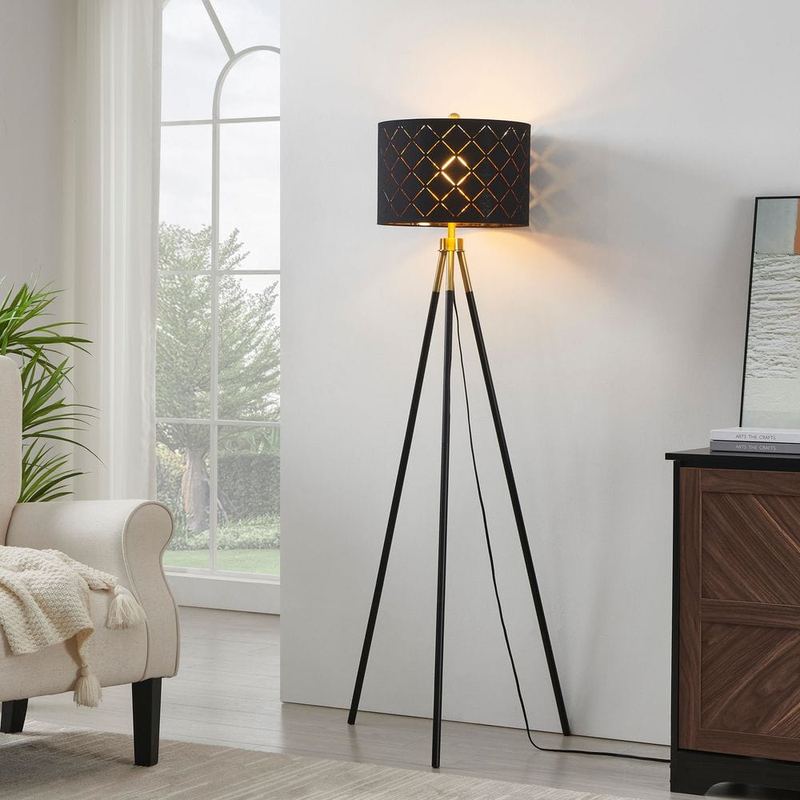 KAWOTI - 62 in. Black and Brushed Gold Modern 1-Light Tripod Floor Lamp for Living Room with Fabric Drum Shade