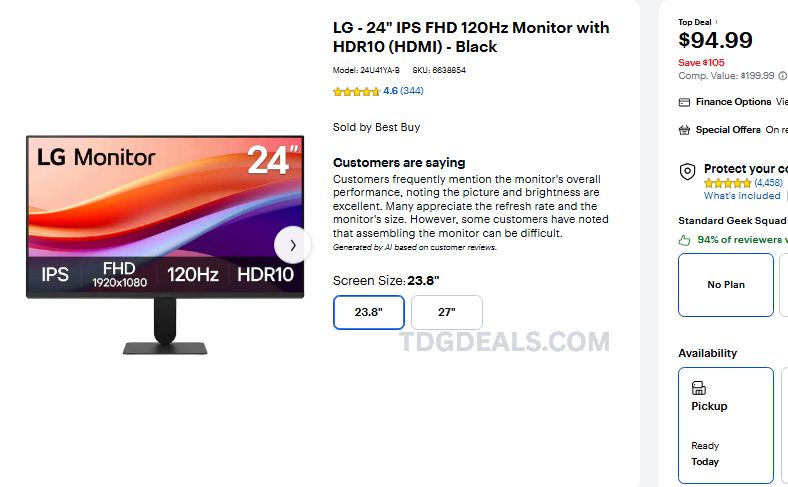 LG 24" IPS FHD 120HZ MONITOR — $94.99