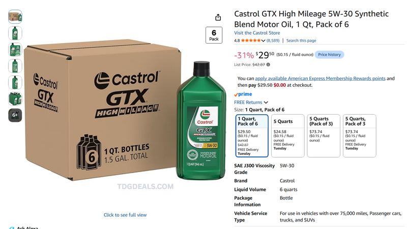 $25 CASTROL MOTOR OIL 6-PACK ON AMAZON