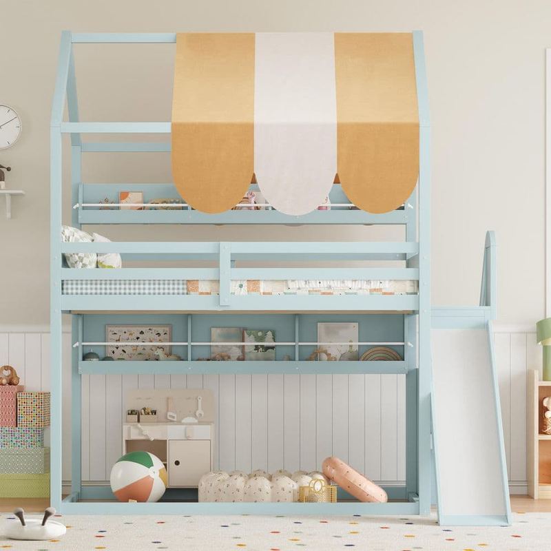 Polibi - Light Green Full Size Bunk Bed with Canopy, Slide and Built-In Bookshelves