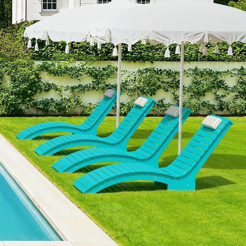 Hotormer - Sasha Aruba Blue HDPS Plastic Patio Lounge Chair Waterproof Fade-Resistant Outdoor Chaise Lounge with Headrest Set of 4