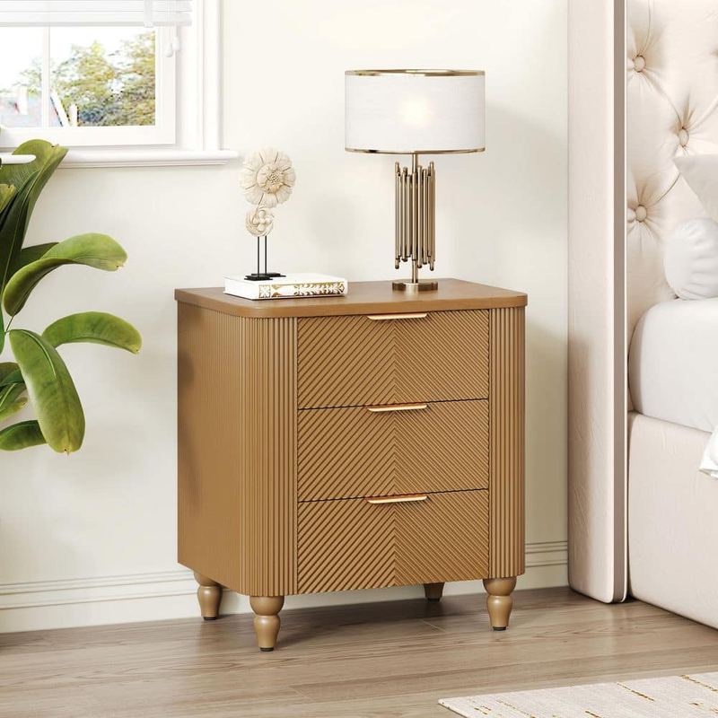 CHRISTOPHER KNIGHT HOME - Attwell Modern Natural 3 Drawers Wood Nightstand with Gourd Legs, Wavy Groove Design