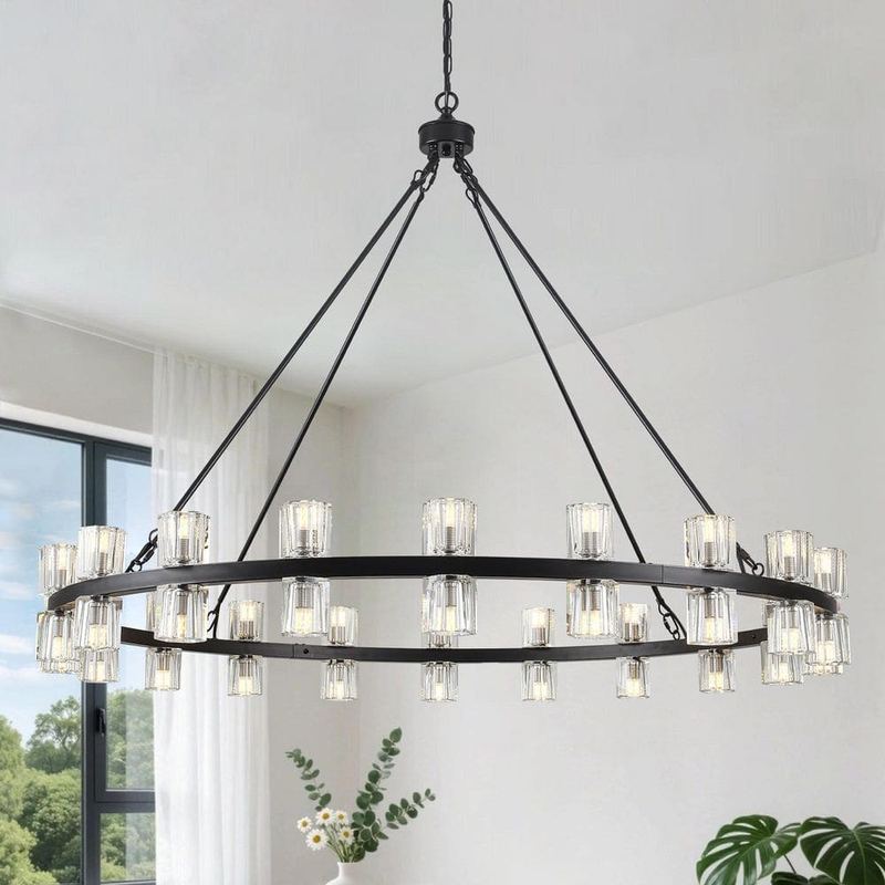 HLJYNJM - 40 Light Black Double-Sided Wagon Wheel Chandelier Modern Industrial Round Grand Pendant Light with Crystal Glass Holder