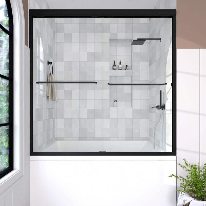 Hermitage Bath - Nepti 60 in. W x 56 in. H Sliding Semi Frameless Tub Door in Matte Black Finish with Clear Glass