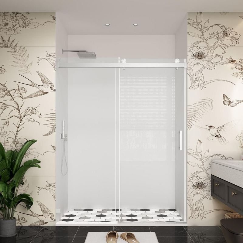 YINVANI - 60 in. W x 76 in. H Single Sliding Frameless Soft Close Bypass Shower Door in Brushed Nickel with 3/8 in. Clear Glass
