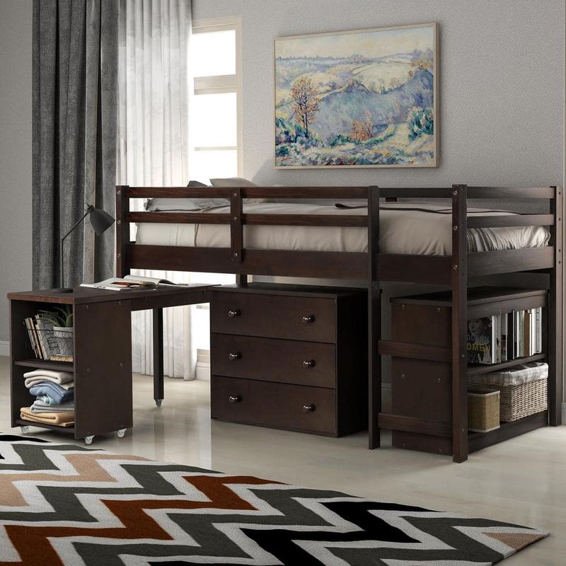 Qualler - Espresso Twin Size Low Loft Bed with Cabinet and Rolling Portable Desk