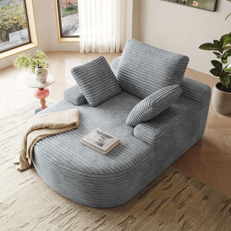 Magic Home - 49 in. Wide Squre Arm Corduroy Chaise Lounge Upholstered Sofa Bed Boneless Couch with 3 Pillows in Gray