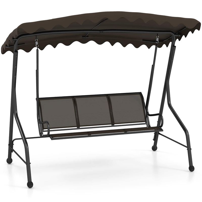 Gymax - 3-Seat Outdoor Swing Porch Canopy Swing w/ Adjustable Shading Breathable Seat - Brown