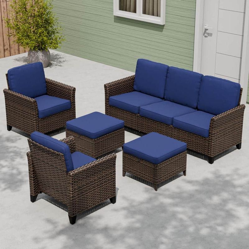 EAGLE PEAK - 5-Piece Mix Brown Wicker Patio Conversation Set Wide Armrest 3-Seat Sofa Seating Set with Blue Cushions, Ottomans