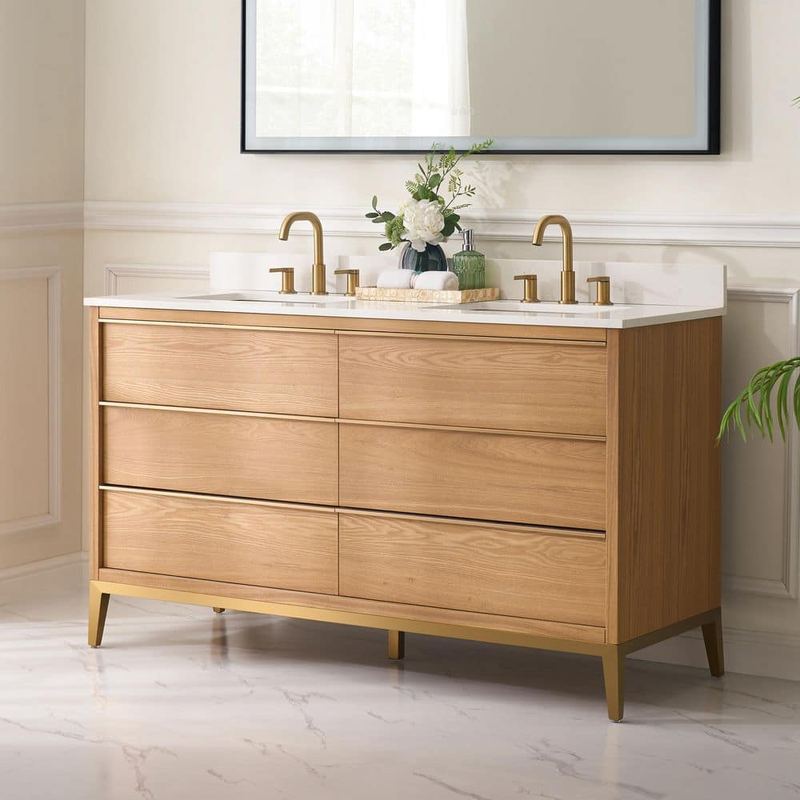 WELLFOR - NOLAN 60 in. W x 22 in. D x 35 in. H Double Sinks Freestanding Bath Vanity in Light Oak with Carrera White Quartz Top