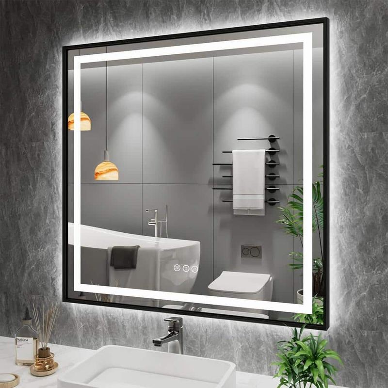 Apmir - 38 in. W x 38 in. H Square Framed Front and Back LED Lighted Anti-Fog Wall Bathroom Vanity Mirror in Tempered Glass