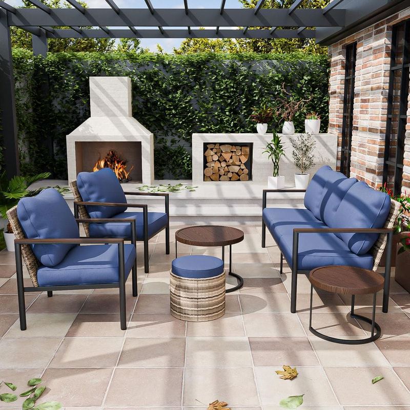 EAGLE PEAK - 6-Piece Brown Rattan Wicker Outdoor Patio Conversation Set with Blue Cushions, Nesting Coffee Tabels and Ottoman