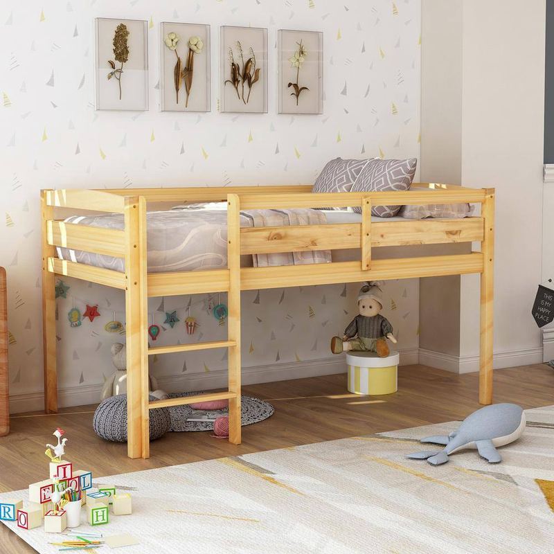 Harper & Bright Designs - Walnut Twin Size Wood Low Loft Bed with Ladder