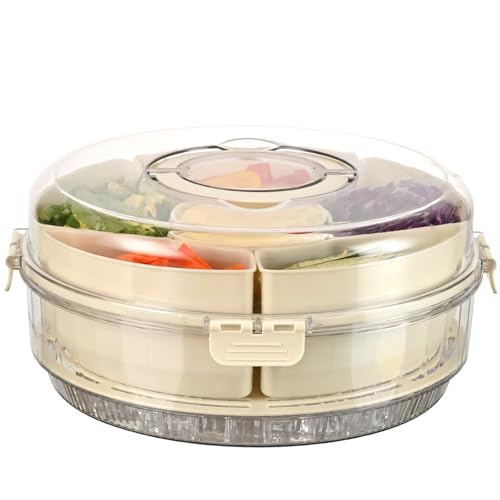 Chilled Food Serving Tray with Ice Chamber, Transparent Lid, 6 Compartment Divided Platter for Fruits, Vegetables, Snacks, Appetizers, Low Temperature Storage