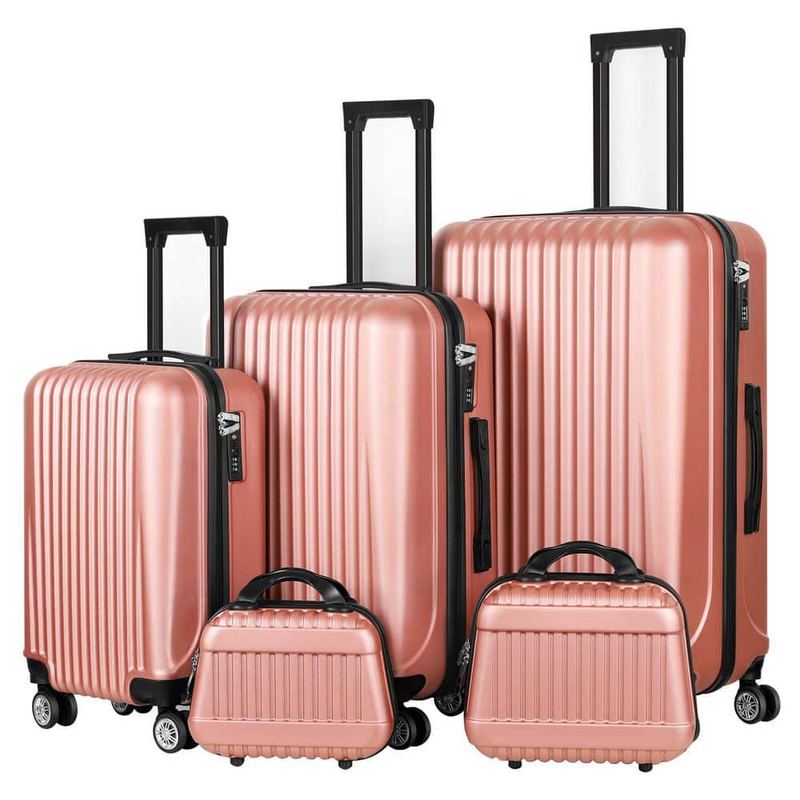 HIKOLAYAE - 5-Piece Set of Lightweight Rolling Hardside and Checked Luggage Set with Spinner Wheels, Rose Gold