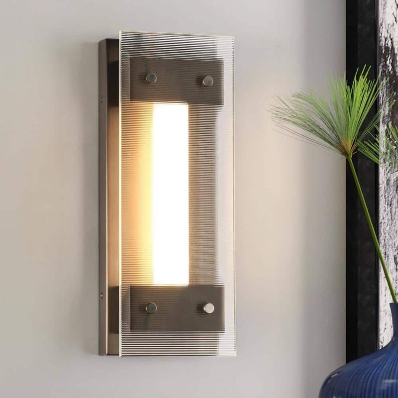 LNC - Modern 4.7 in. 1-Light Brushed Gunmetal Gray Industrial Rectangle Integrated LED Wall Sconce with Clear Striped Glass
