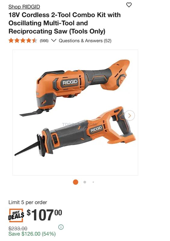 $233 RIDGID 18V 2-TOOL COMBO KIT FOR $107