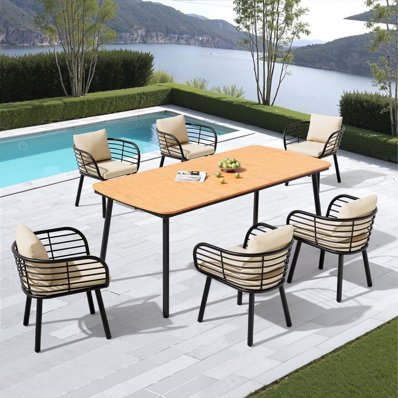 Pellebant - Brown 7-Piece 71 in. Aluminum Wood-Like Patio Outdoor Dining Set with Sunbrella Beige Cushion Chair, Umbrella Hole Table