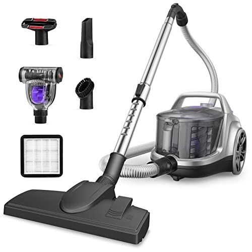 HawKam Canister Vacuum, Upgraded 1600W Bagless Canister Vacuum Cleaner, Auto Cord Rewind, H13 HEPA Filter, 4Qt Large Capacity, 5 Tools for Hard Floors, Carpet, Pet, Upholstery, Tiles, Tangerine
