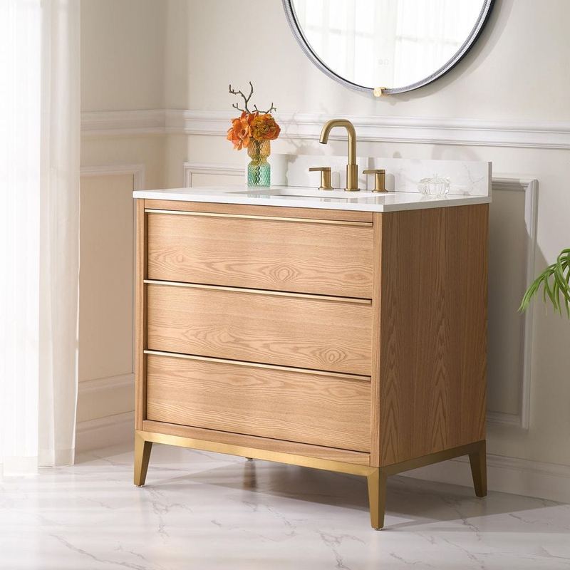 WELLFOR - NOLAN 36 in. W x 22 in. D x 35 in. H Single Sink Freestanding Bath Vanity in Light Oak with Carrera White Quartz Top