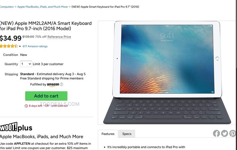 APPLE SMART KEYBOARD FOR IPAD PRO 9.7" — $34.99