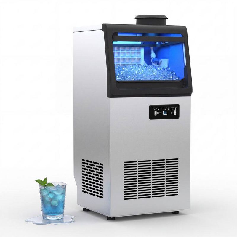 Pnhter - 13.78 in. Stainless Steel 110 lb. 24 H Freestanding Commercial Ice Maker Full Size Ice Cubes with 20 lbs. Ice Storage