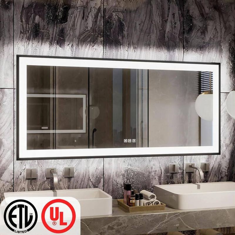 TOOLKISS - 60 in. W x 28 in. H Rectangular Framed LED Anti-Fog Wall Bathroom Vanity Mirror in Black with Backlit and Front Light