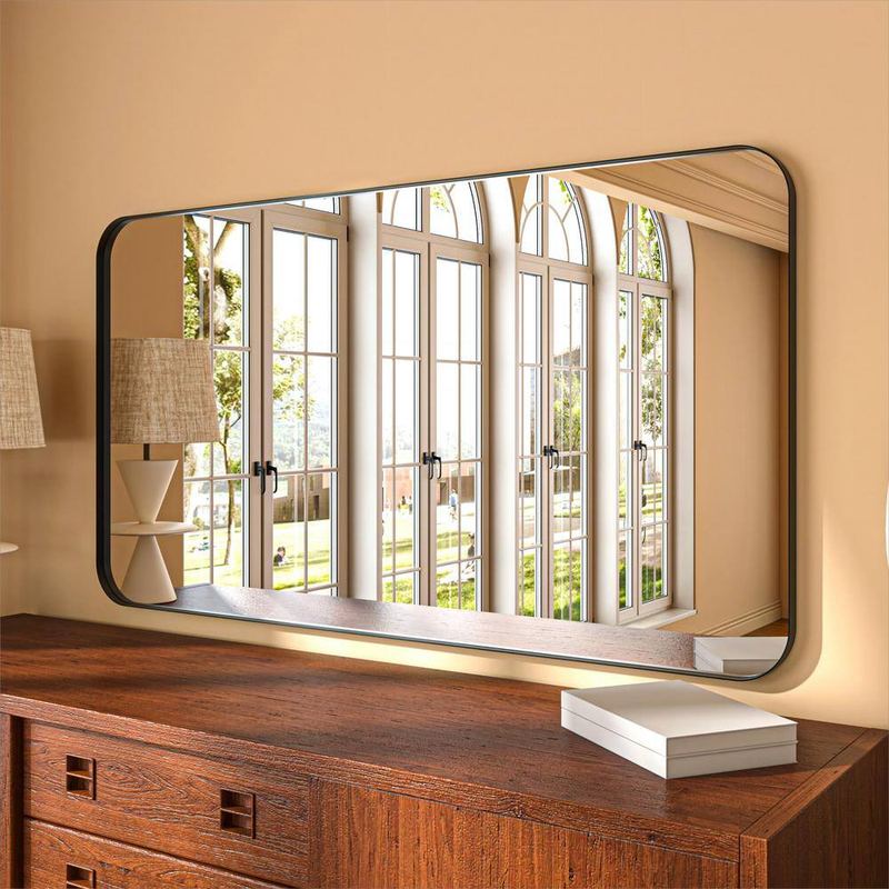 ORGANNICE - 55 in. W x 30 in. H Rectangular Aluminum Framed Modern Black Rounded Wall Mirror