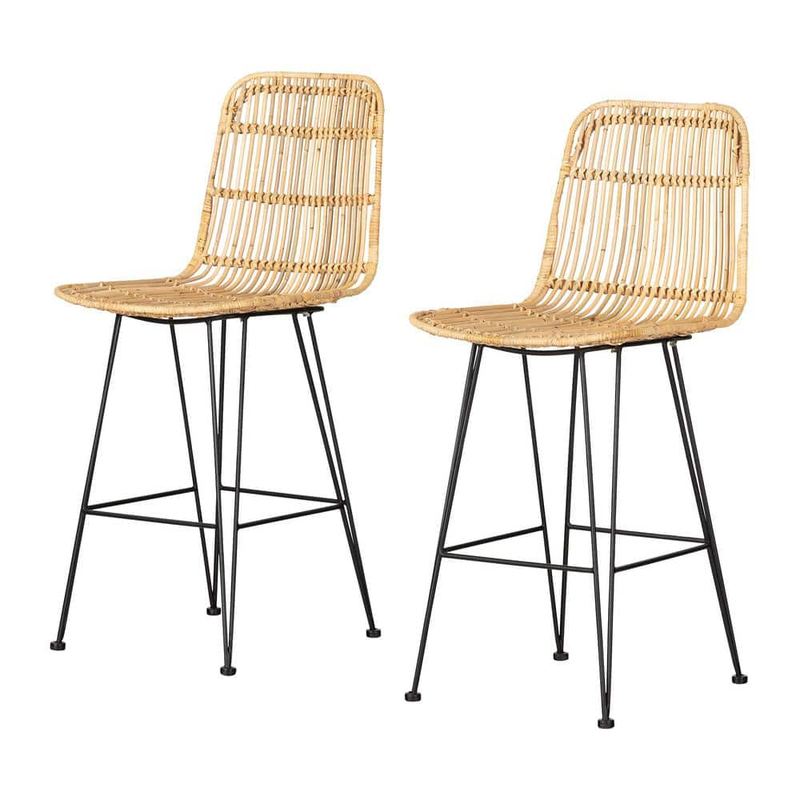 South Shore - Balka Rattan 25 in. Rattan with Black Metal Frame Counter Stool, Set of 2,