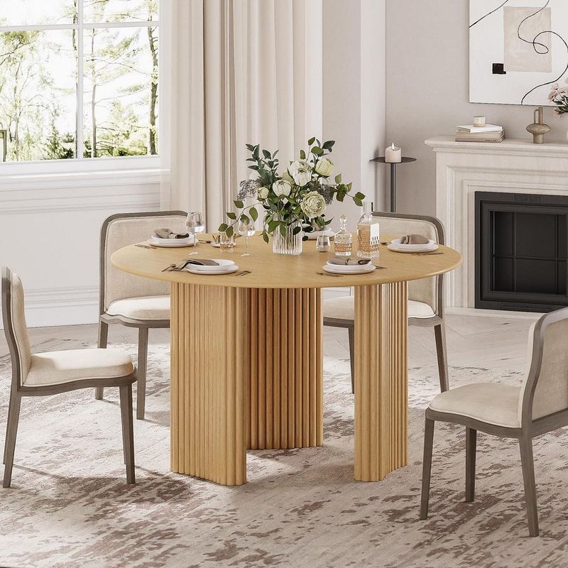 Lirago - Farmhouse Natural Round Solid Wood 46 in. W 3-Legs Base Kitchen Dining Table Seats 4