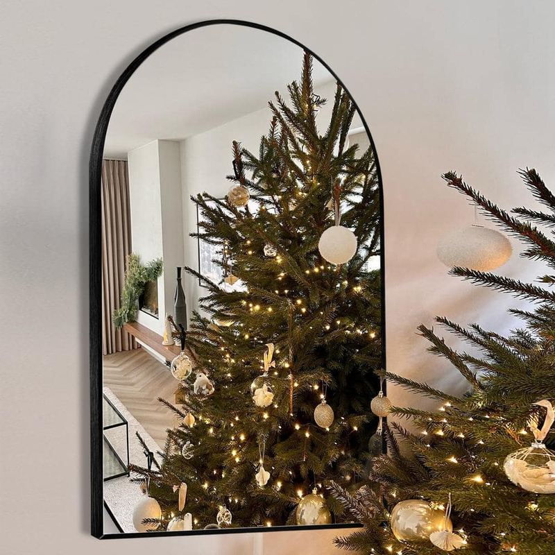 Sxiawe - 24 in. W x 36 in. H Arched Aluminum Frame Black Wall Mounted Bathroom Vanity Mirror