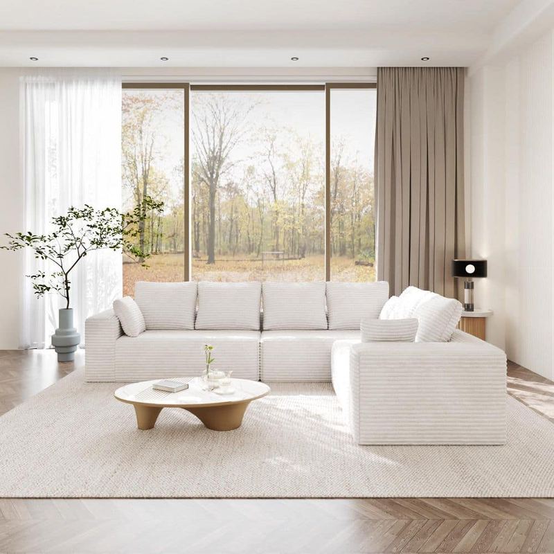 Magic Home - 134 in. Square Arm Beige Corduroy Fabric L-Shape Memory Foam Modular Boneless Sofa with Chaise Lounge, Pillows