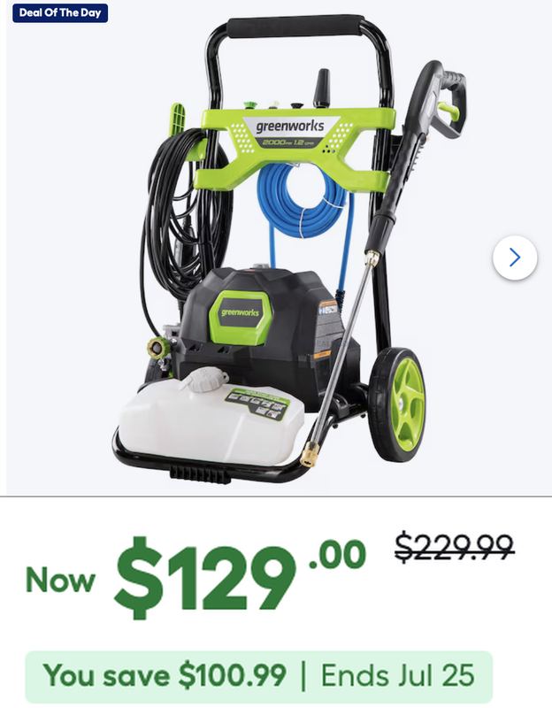 $229.99 GREENWORKS ELECTRIC PRESSURE WASHER FOR $129
