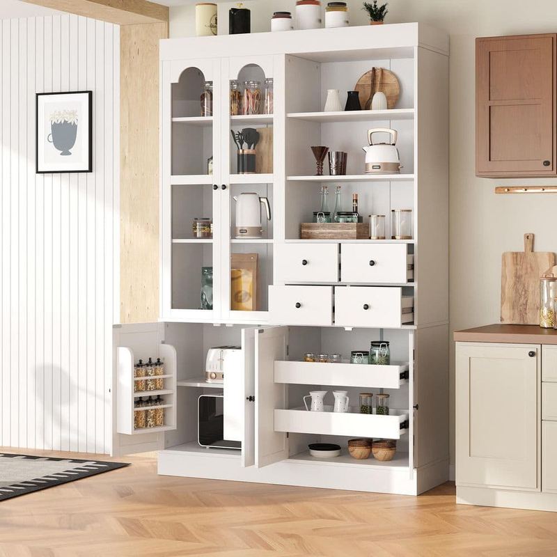 Harper & Bright Designs - White 75 in. Storage Cabinet with Tempered Glass Doors, Kitchen Pantry Cabinet with 4-Drawers, 2-Pull-out Trays
