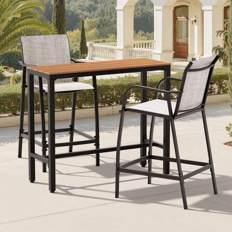 Crestlive Products - 3-Piece Metal Outdoor Serving Bar Set Bar Set Brown Wood-Plastic Composite Top 2 Stools with Textilene Seat in Gray