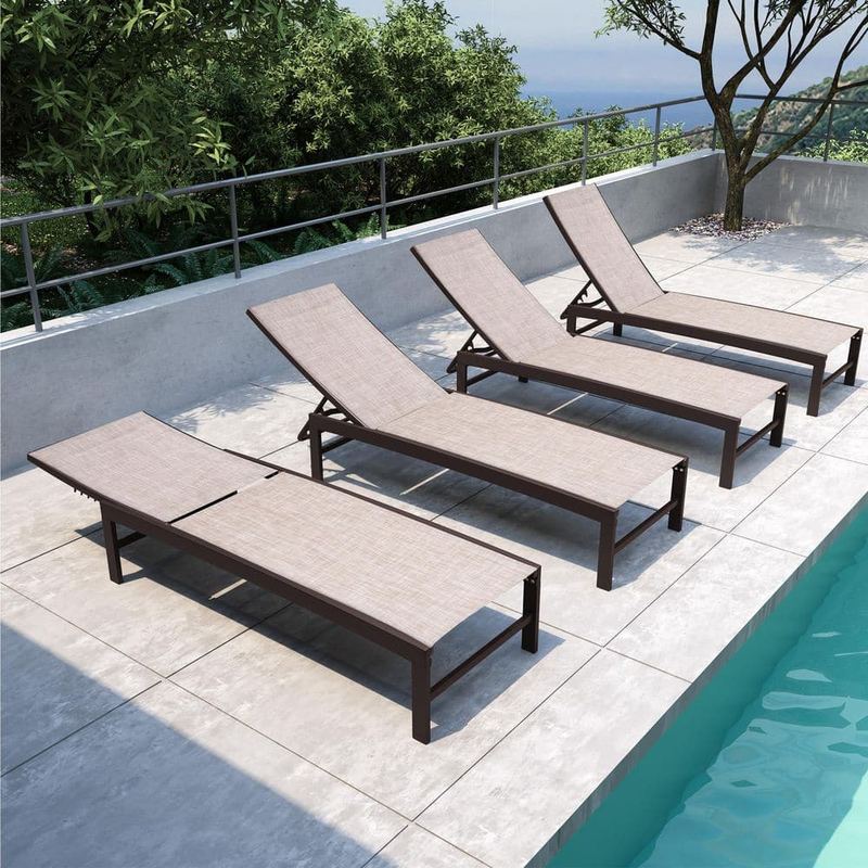 Pellebant - 4-Piece Brown Aluminum Outdoor Patio Reclining Adjustable Chaise Lounge with Beige Textilene Fabric