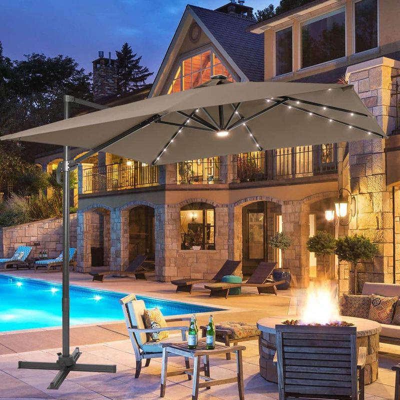 JOYESERY - 10 ft. Offset LED Patio Umbrella Outdoor Hanging Umbrella, 50 Plus UV Protection Cantilever Outside Umbrellas in Taupe