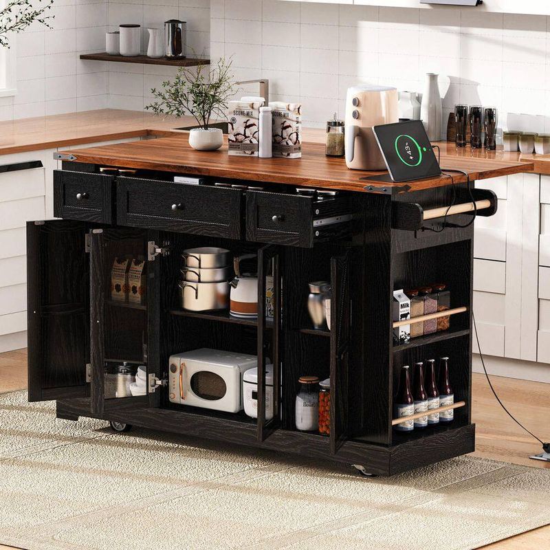 Nestfair - Black Wood 53 in. Rolling Kitchen Island with 2 Tempered Glass Doors, Power Outlet and 3 Drawers