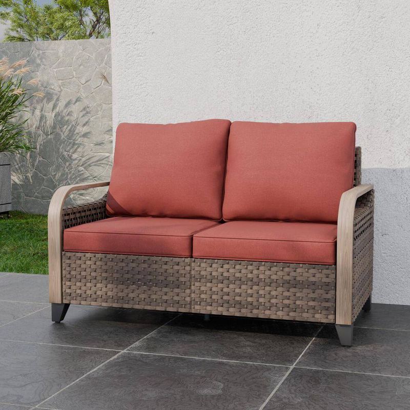 EAGLE PEAK - Brown Wicker Outdoor Patio Loveseat with Red Cushions