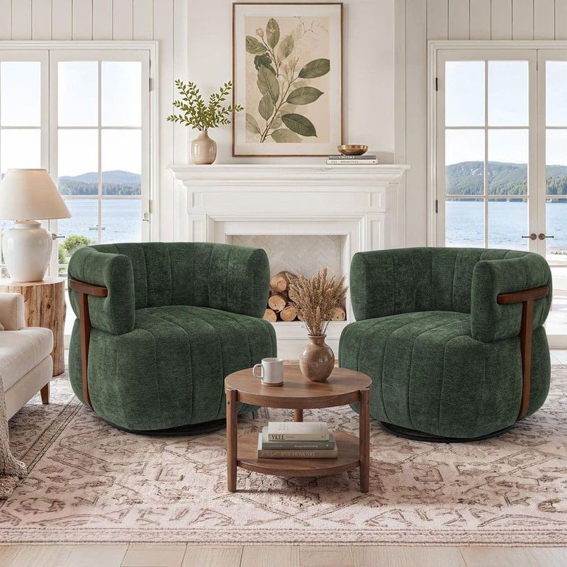 Corlekala - Annecy Chenille Upholstered 360° Swivel Barrel Chair Dark Green Solid Wood Accent Chair with Padded Backrest (Set of 2)