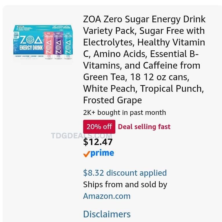 ZOA ZERO SUGAR ENERGY DRINK 18-PACK DEAL